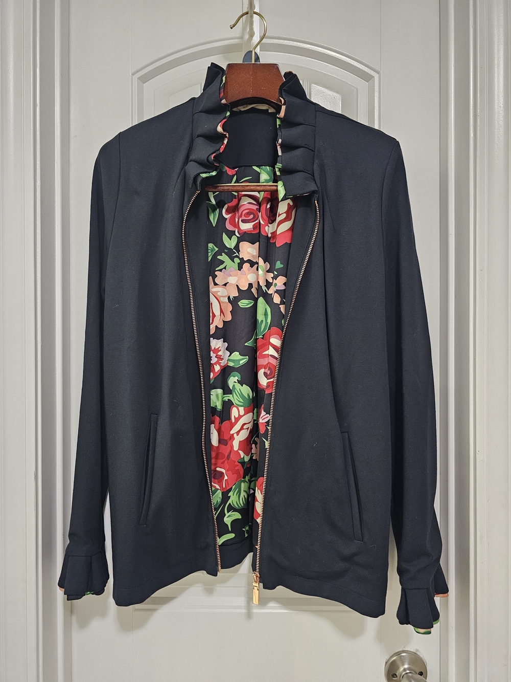 Soft Surroundings Black Bomber Jacket with Floral Lining